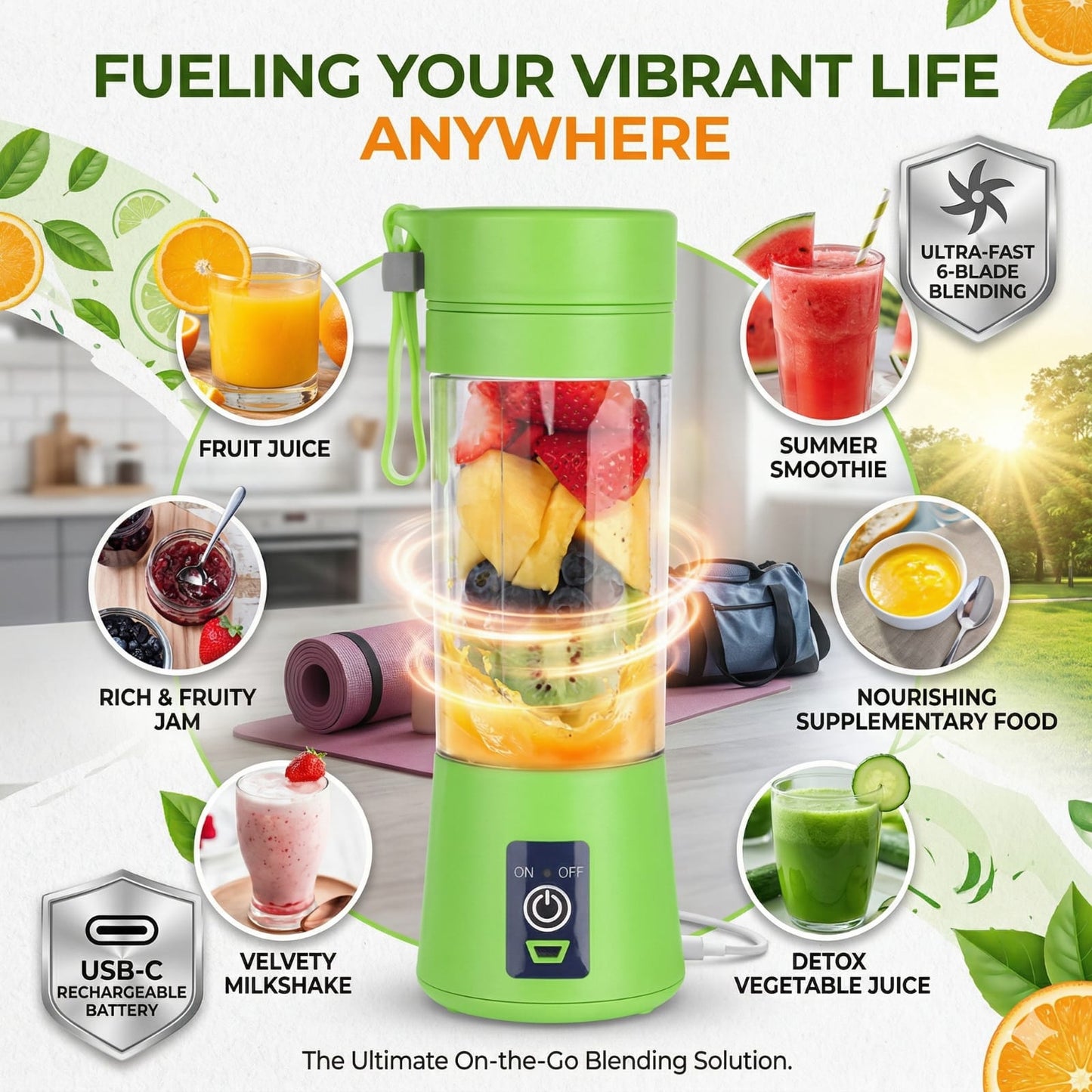 Rechargeable Juicer Blender 6 Blades 380ml | Portable Juicer Cup & Smoothie Maker
